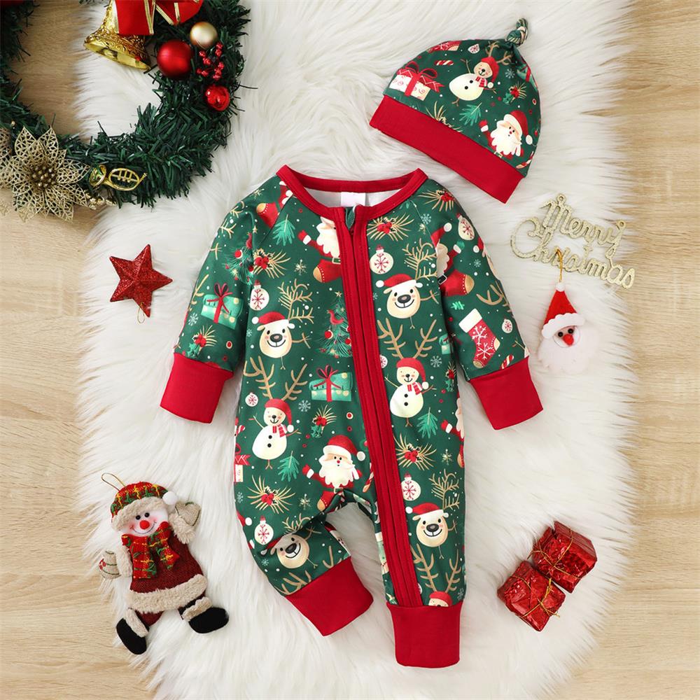 2PCS Elk Snowman Print Long Sleeve Baby Jumpsuit