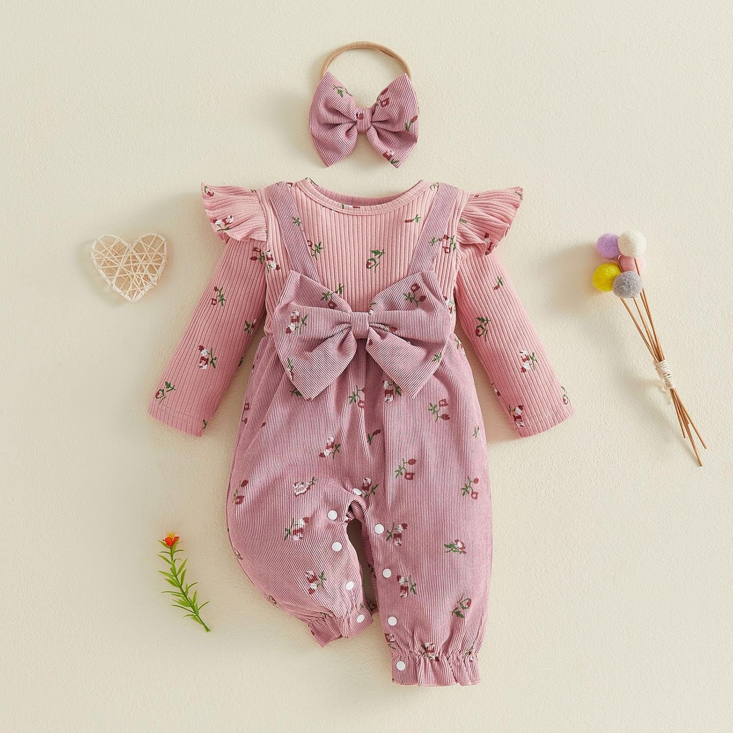 2PCS Classy Floral Printed Long Sleeve Baby Girl Jumpsuit