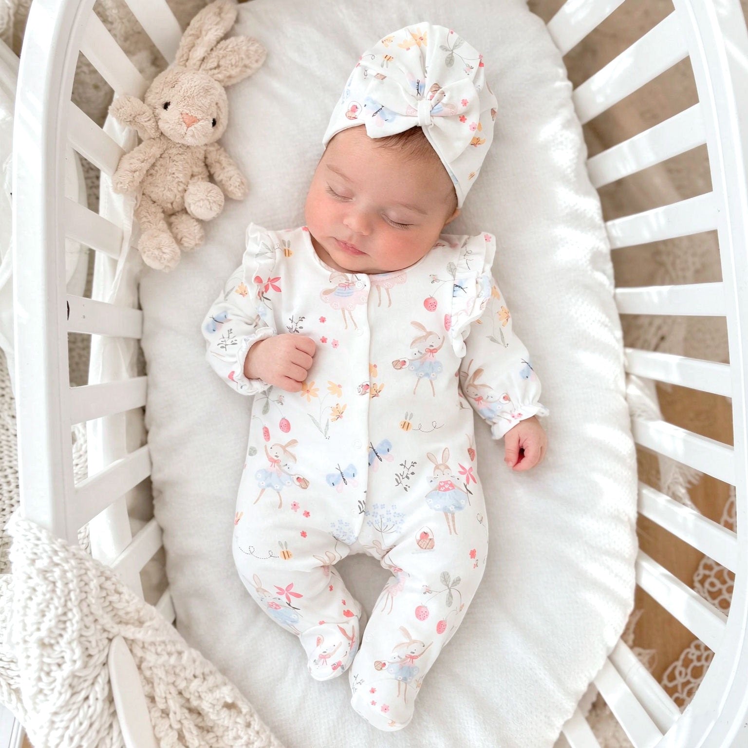 2PCS Bunny Floral Printed Ruffle Long Sleeve Baby Jumpsuit