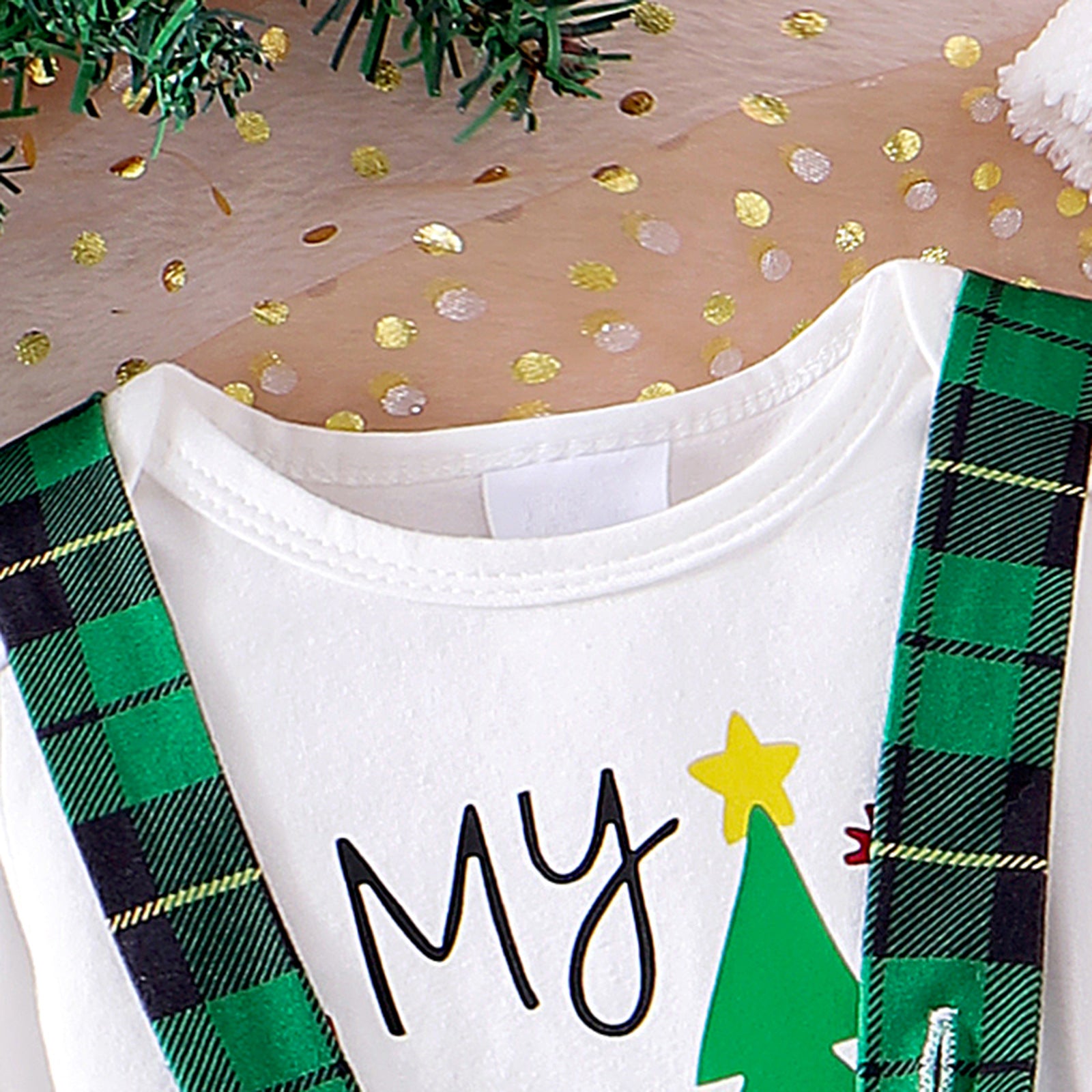 3PCS My 1st Christmas Letter and Plaid Printed Overalls Baby Set