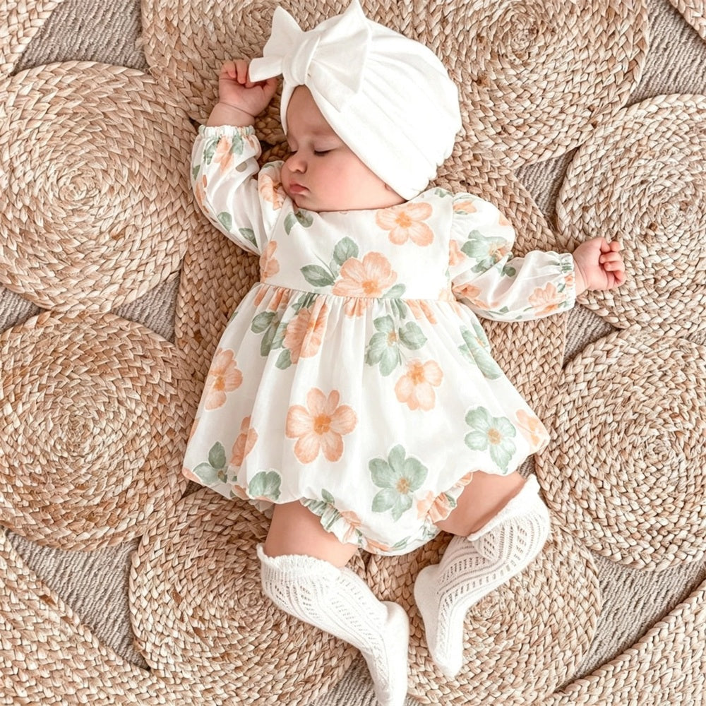 Graceful Floral Printed Long Sleeve Baby Girl Romper