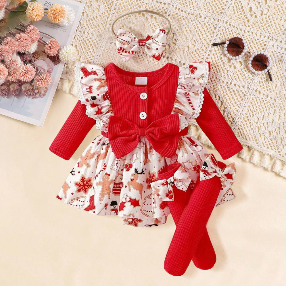 3PCS Gingerbread Christmas Elements Printed Baby Romper