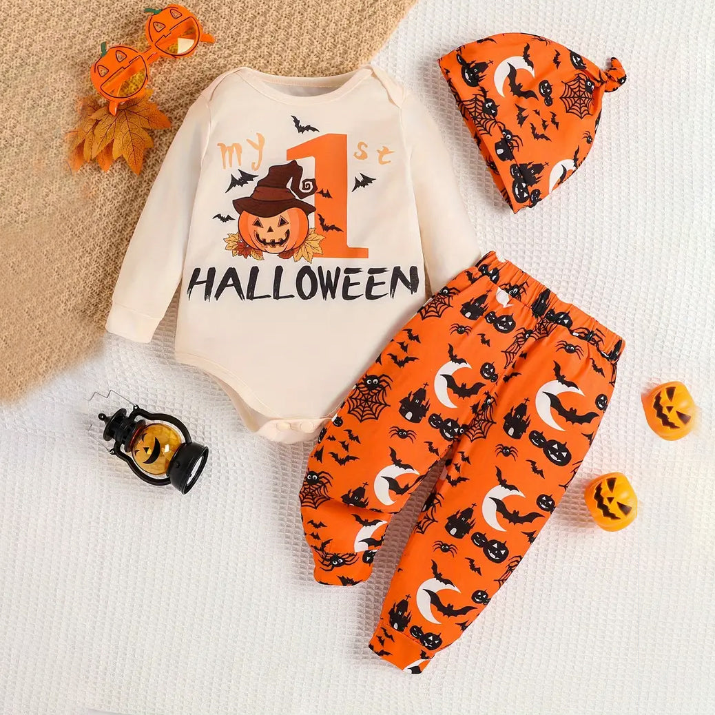 3PCS My First Halloween Letter Pumpkin Printed Baby Set