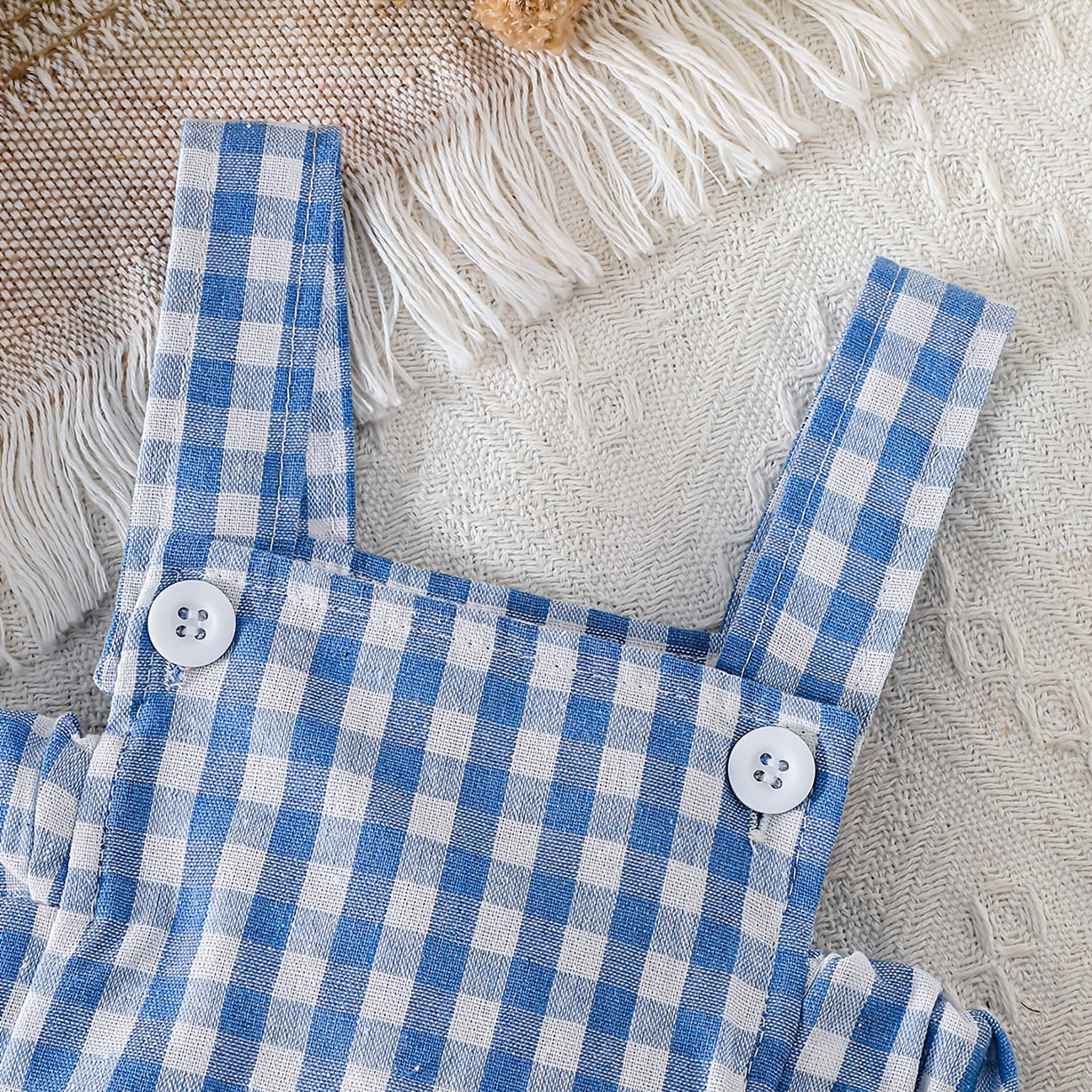 2PCS Bear Appliqué Plaid Print Short Sleeve Overalls Baby Set