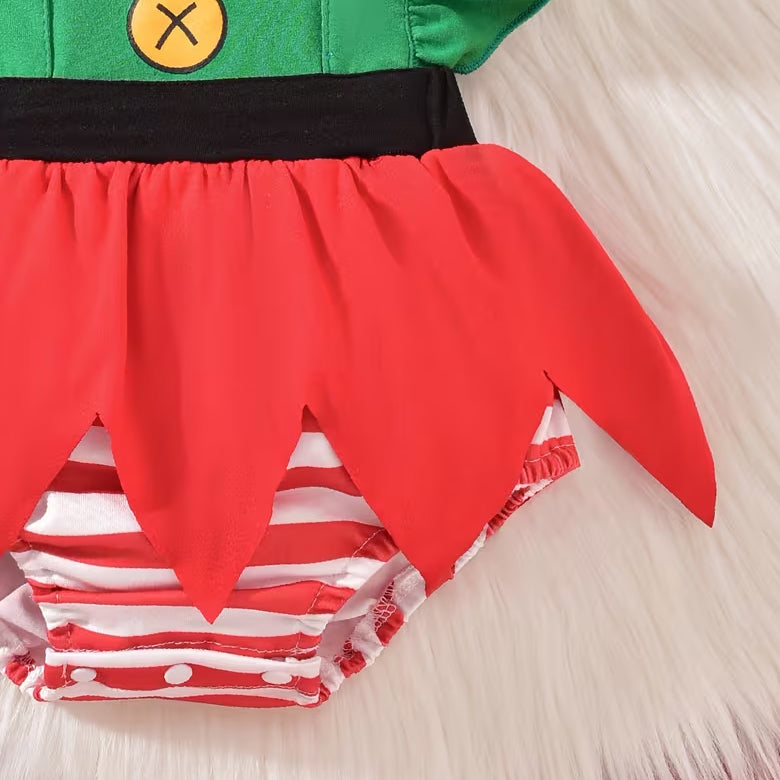 2PCS Green Red Elf Style with Striped Bloomer Flutter Sleeve Baby Romper