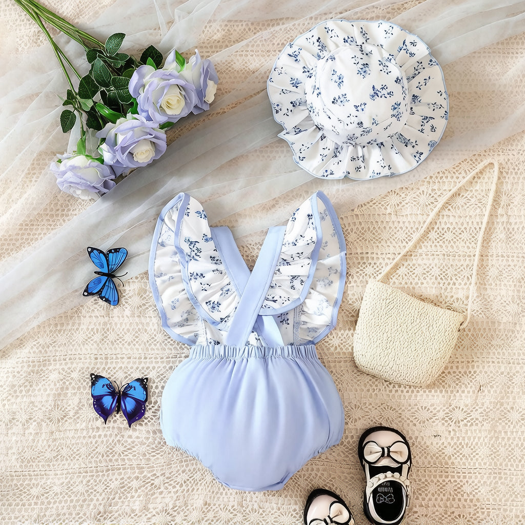 2PCS Charming Floral Print Flutter Sleeve Baby Romper
