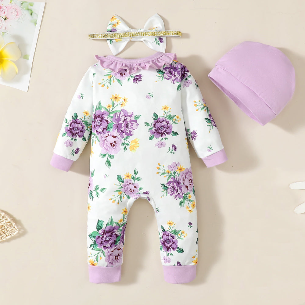 3PCS Floral Printed Ruffle Long Sleeve Baby Jumpsuit