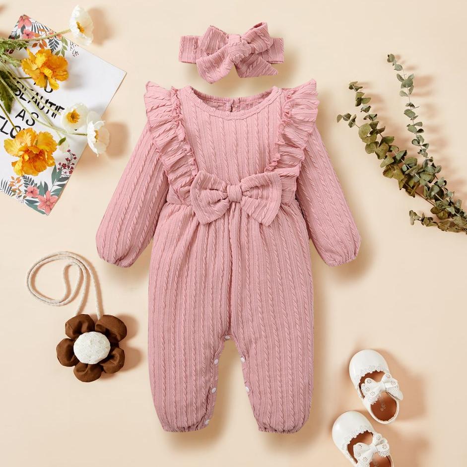 2PCS Solid Color Ruffle Bowknot Decor Long Sleeve Baby Jumpsuit