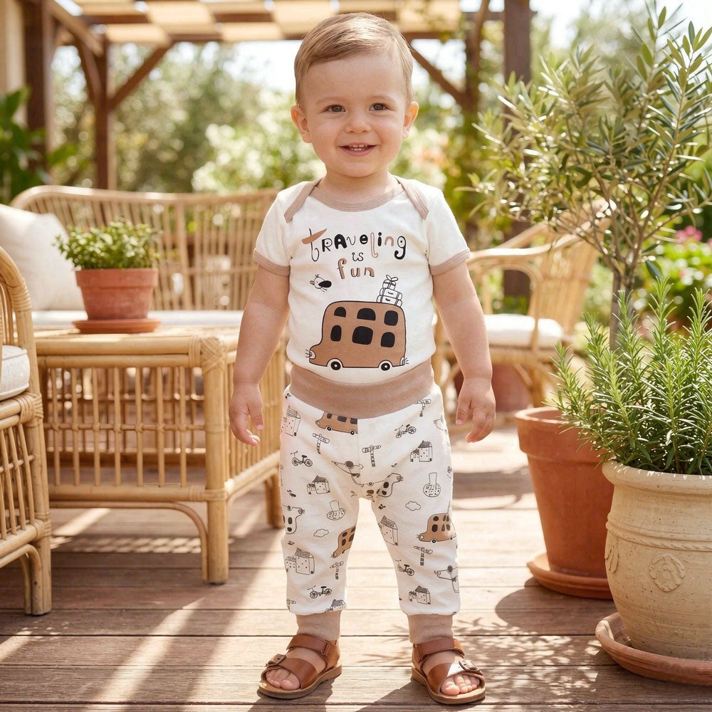 2PCS Funny Letter and Cartoon Travel-Themed Print Baby Set
