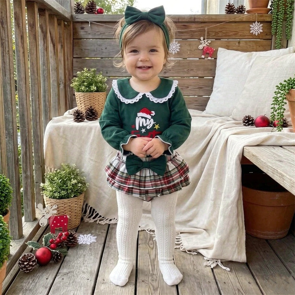 3PCS My First Christmas Letter Embroidered Plaid Printed Baby Set