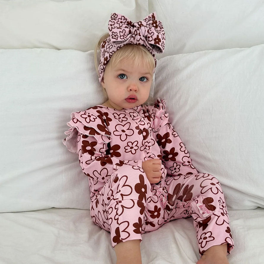 2PCS Bubbly Floral Print Zipper Long Sleeve Baby Girl Jumpsuit