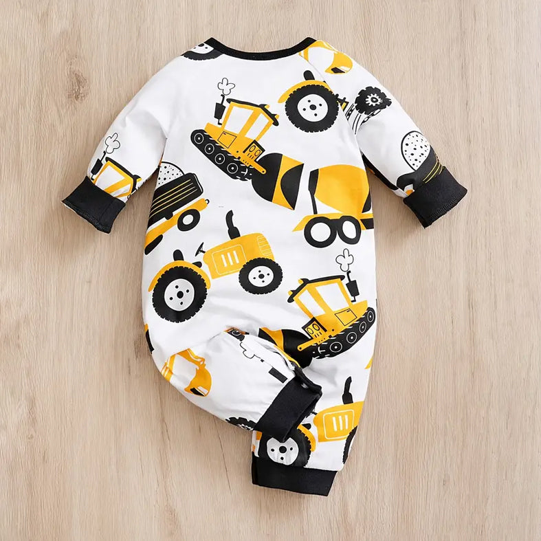 Cute Cartoon Bulldozer Printed Long Sleeve Baby Jumpsuit