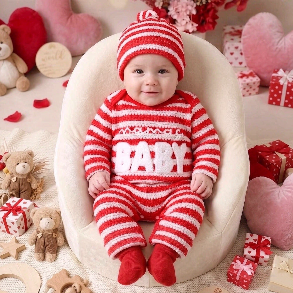 2PCS Mama's Baby Letter Applique Striped Knit Baby Christmas Jumpsuit