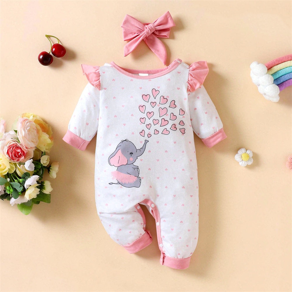 2PCS Perky Elephant Heart Print Long Sleeve Baby Jumpsuit