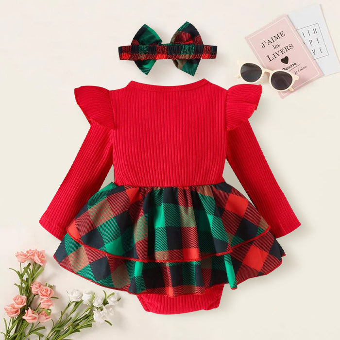 2PCS Pretty Christmas Plaid Printed Long Sleeve Baby Romper