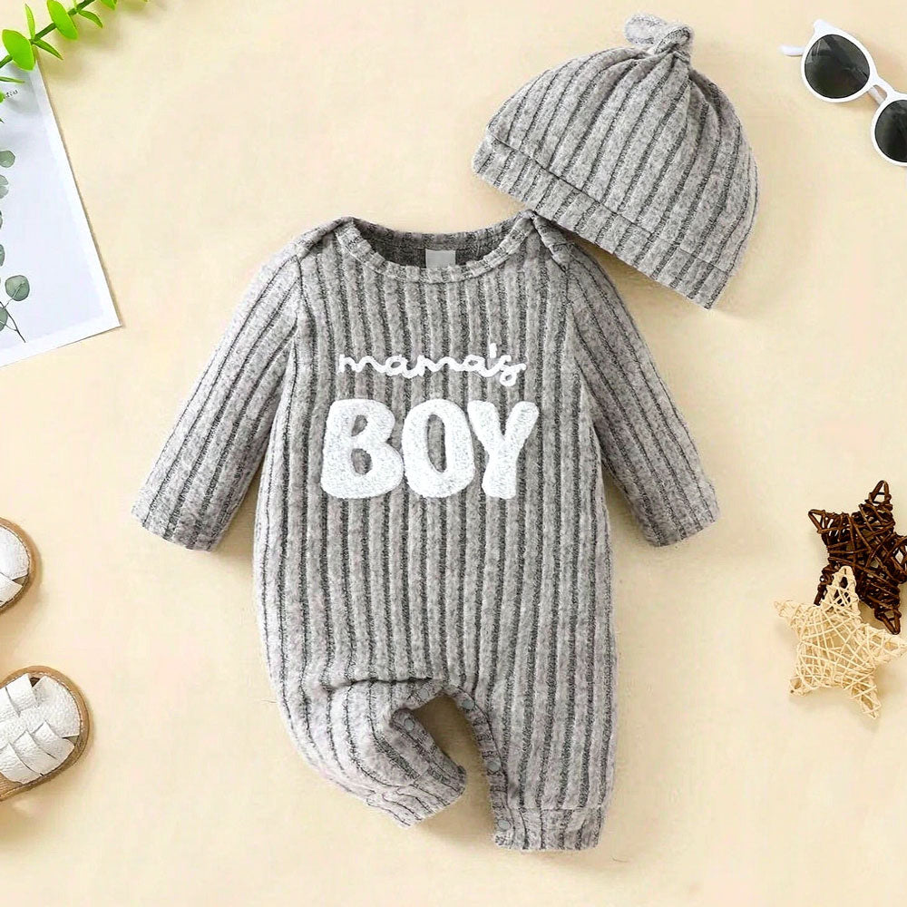 2PCS Mama's Boy Letter Printed Solid Color Knit Baby Jumpsuit