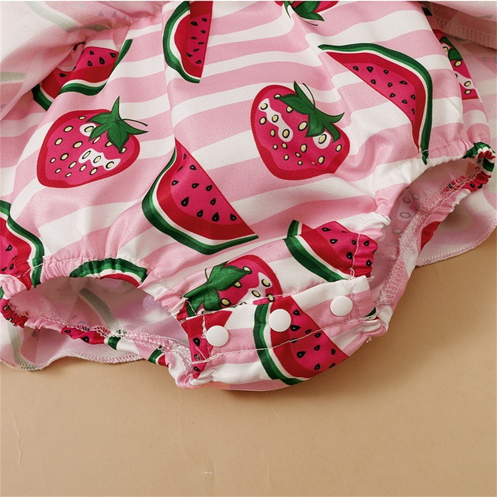 2PCS Watermelon Printed Striped Fly Sleeve Baby Romper