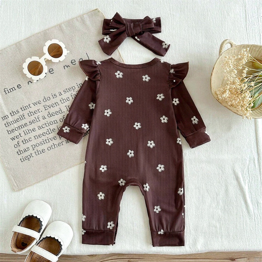 2PCS Endearing Floral Print Long Sleeve Baby Girl Jumpsuit