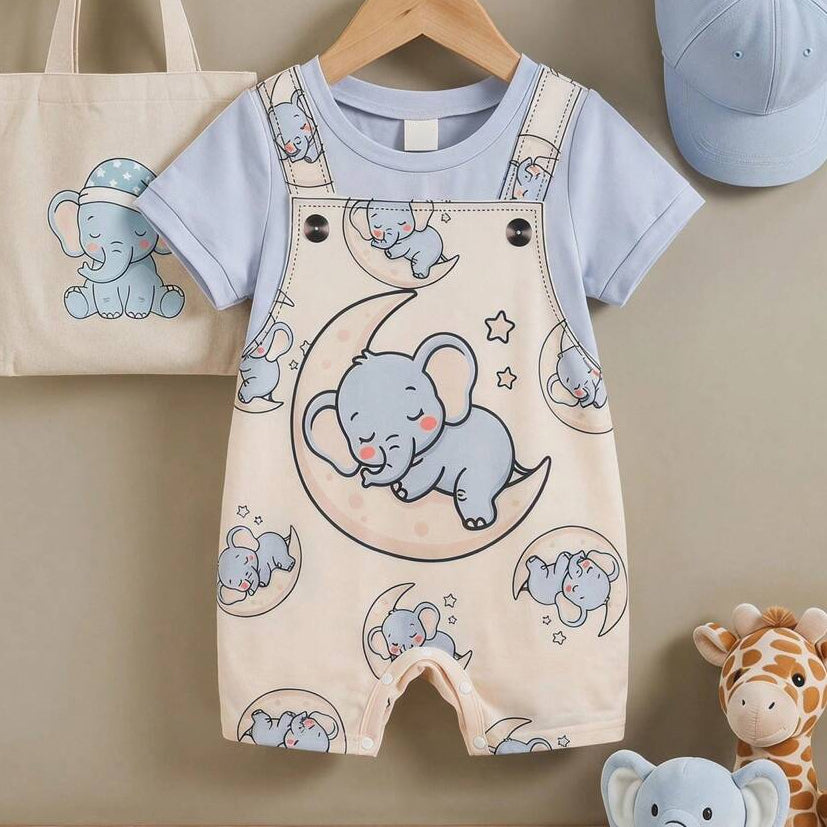 Lovely Elephant Print Short Sleeve Baby Jumpsuit