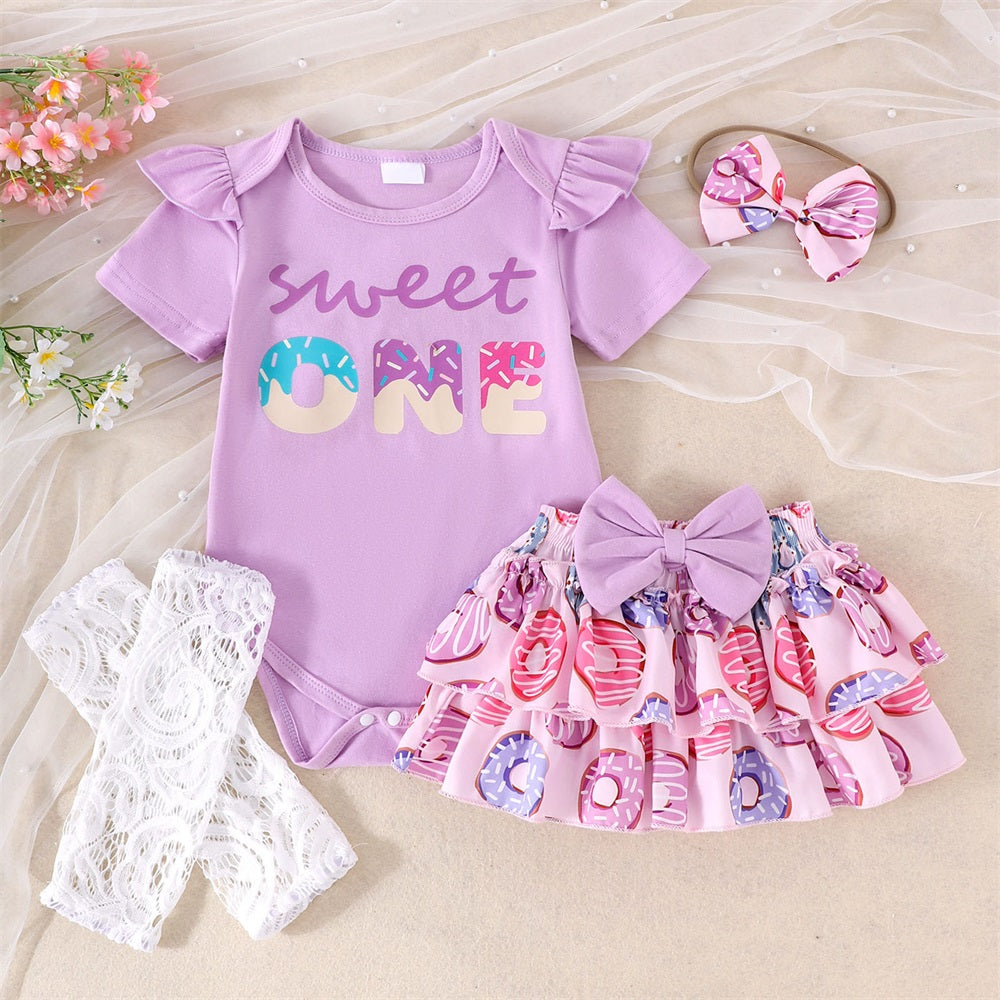4PCS Sweet One Letter Donut Print Short Sleeve Baby Set