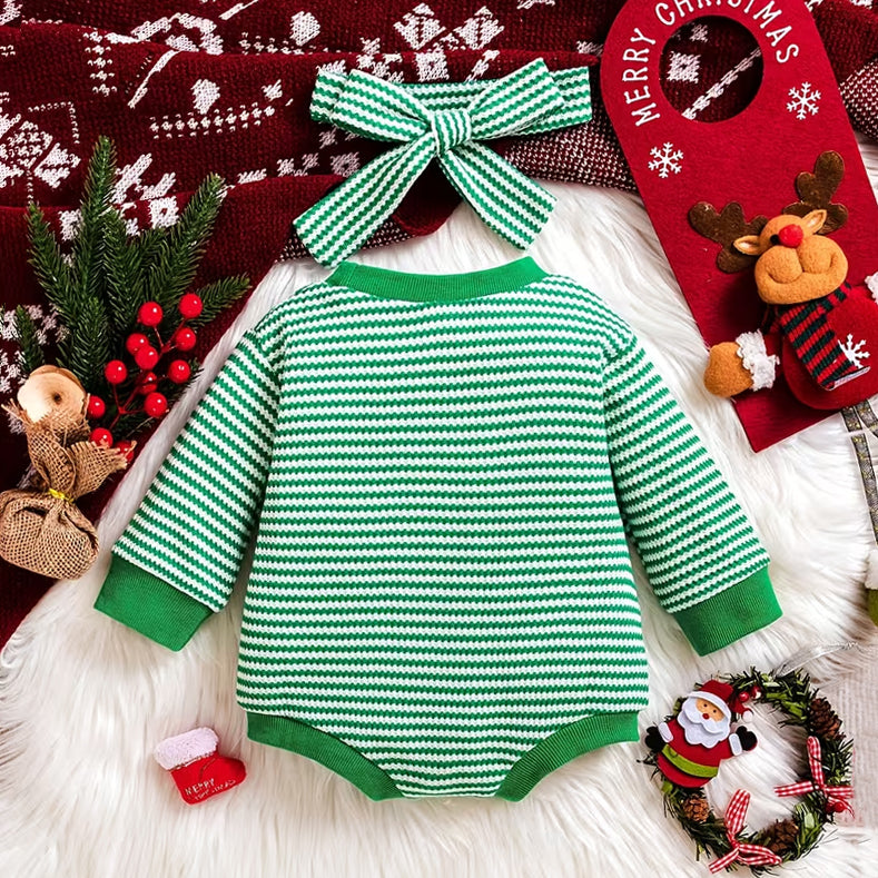 2PCS Lovely Christmas Sock Applique Striped Baby Girl Romper