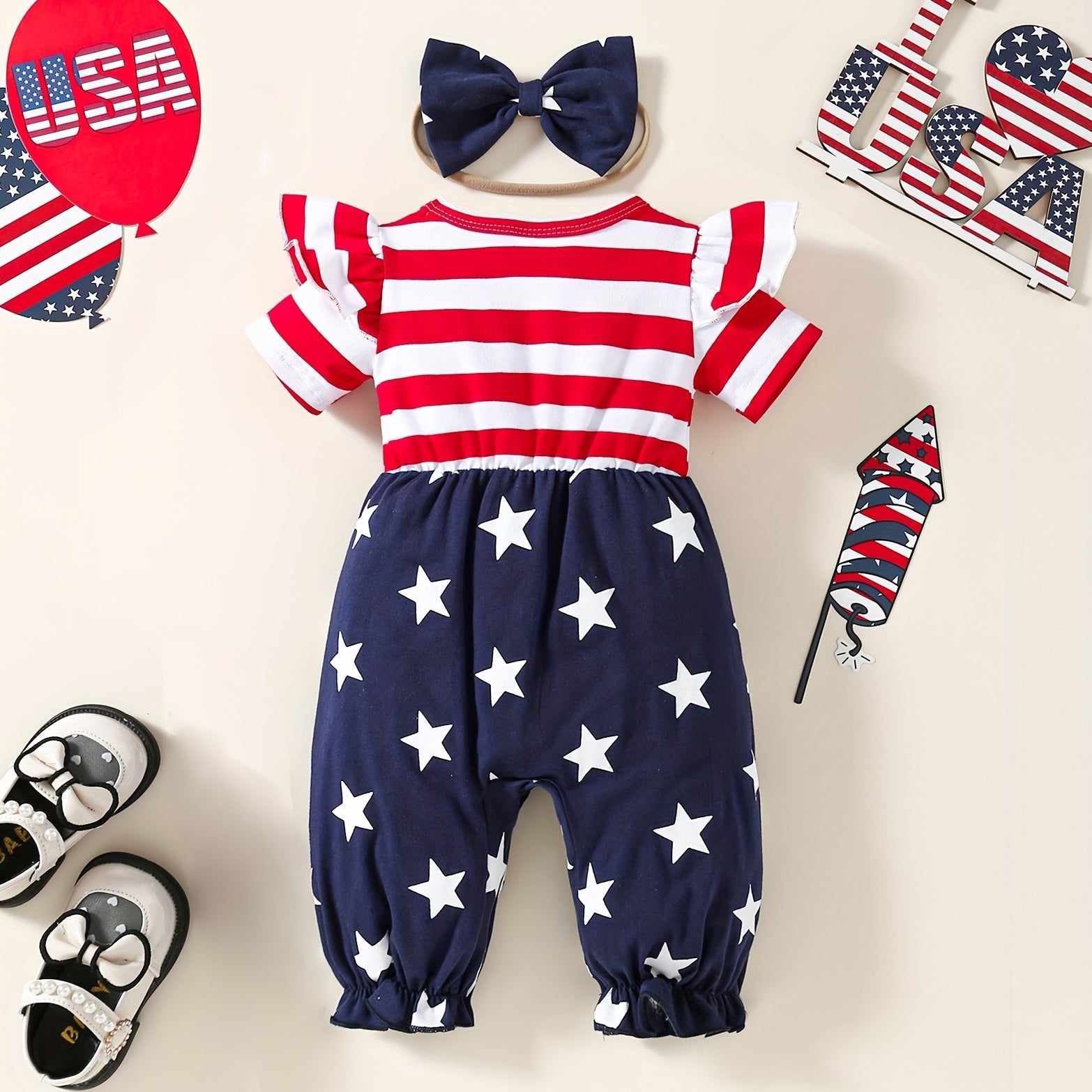 2PCS Independence Day Style Printed Sleeveless Baby Jumpsuit