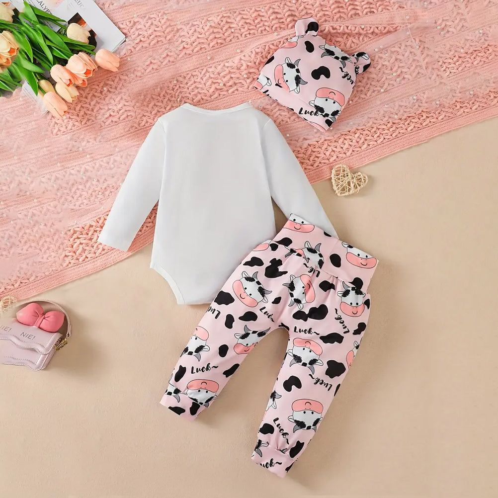 3PCS Enjoy All Day Letter Cow Printed Baby Set