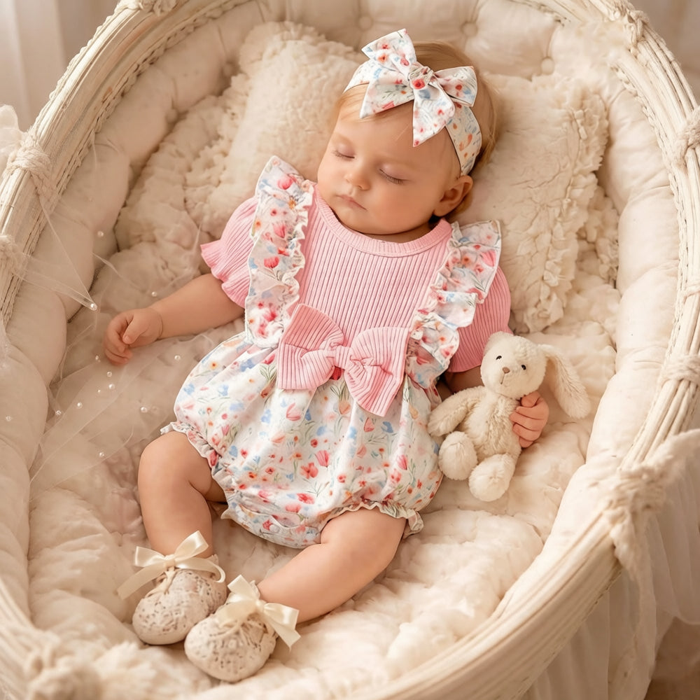 2PCS Pretty Floral Print Bow Short Sleeve Baby Girl Romper