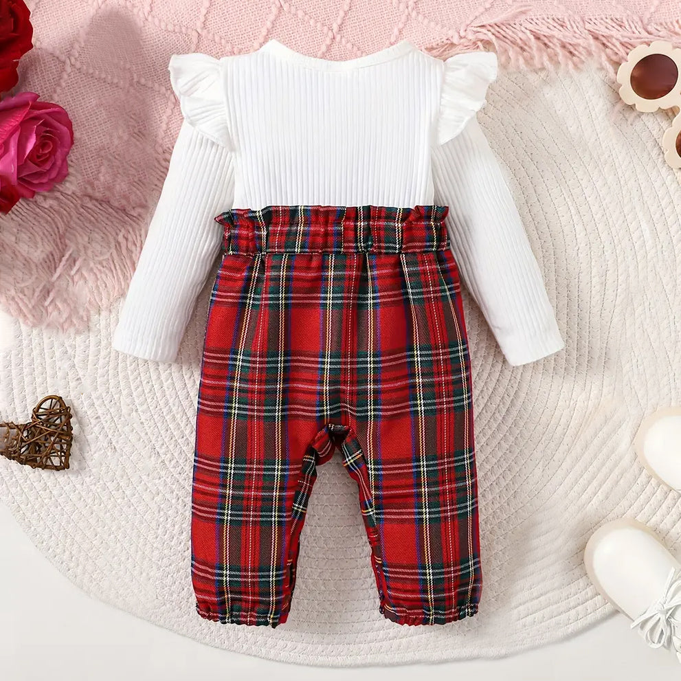 Comfortable Plaid Printed Bow Long Sleeve Baby Jumpsuit