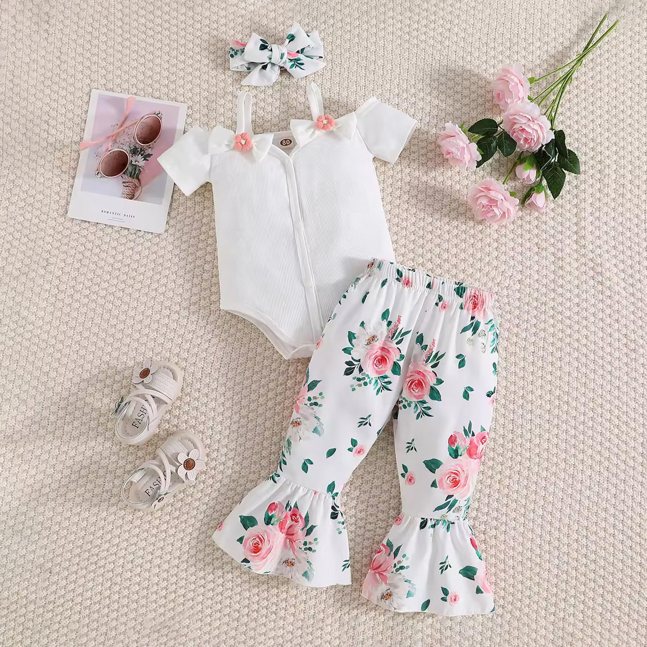 3PCS Trendy Floral Print Bow Short Sleeve Baby Girl Set