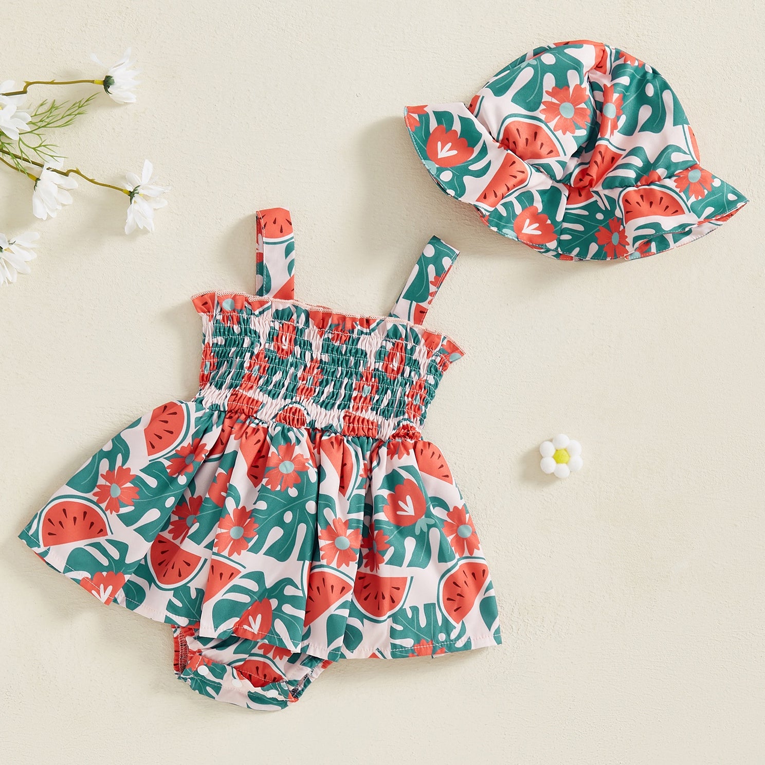 2PCS Lovely Watermelon Print Sleeveless Baby Romper