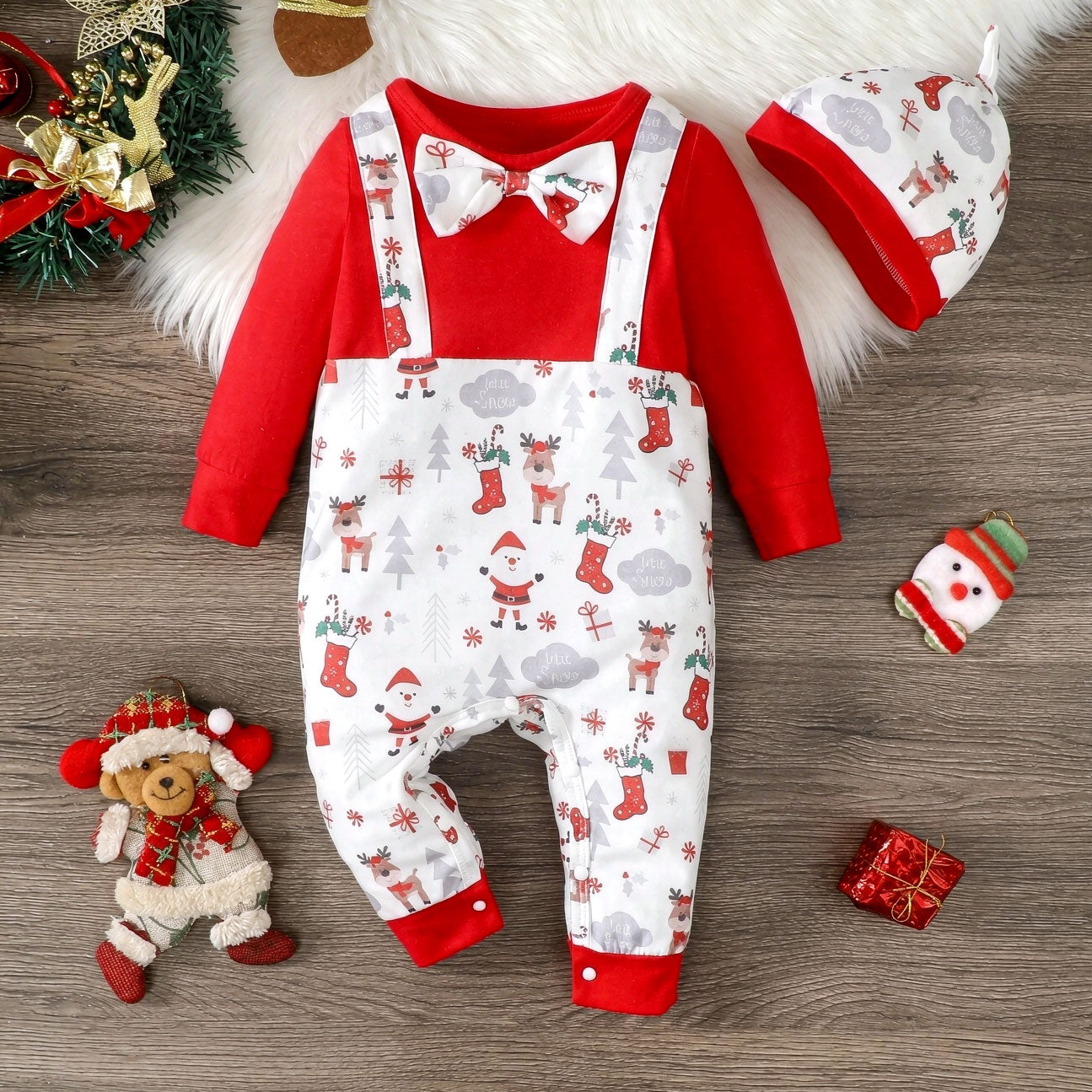 2PCS Adorable Christmas Santa Claus Elk Printed Baby Jumpsuit