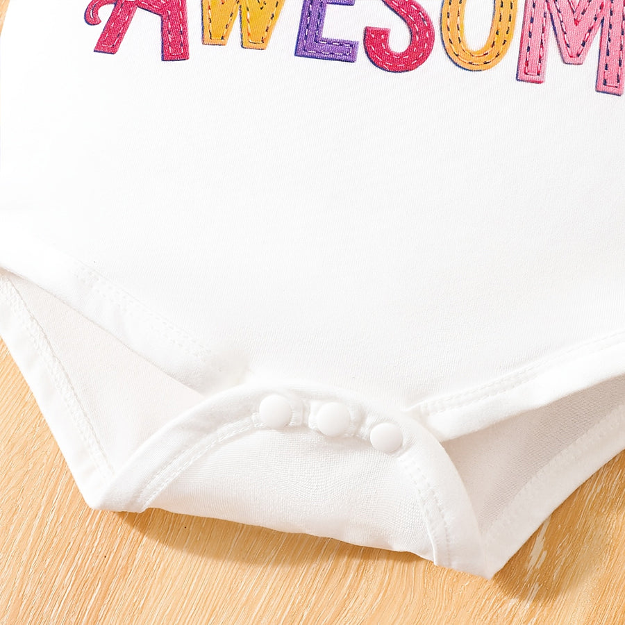 3PCS Miss Awesome Letter Daisy & Plaid Print Short Sleeve Baby Set