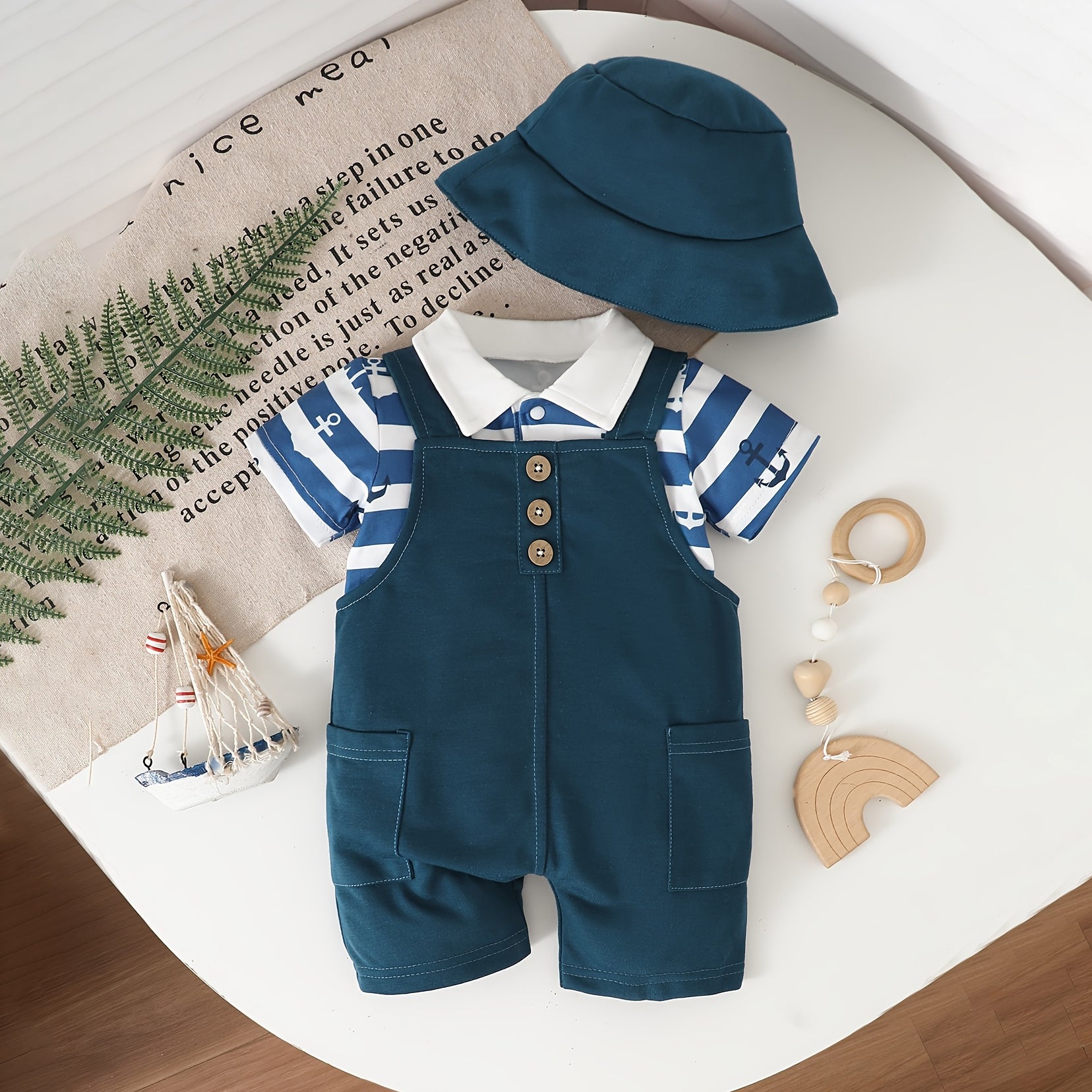3PCS Cute Anchor Stripe Print Short Sleeve Baby Boy Set