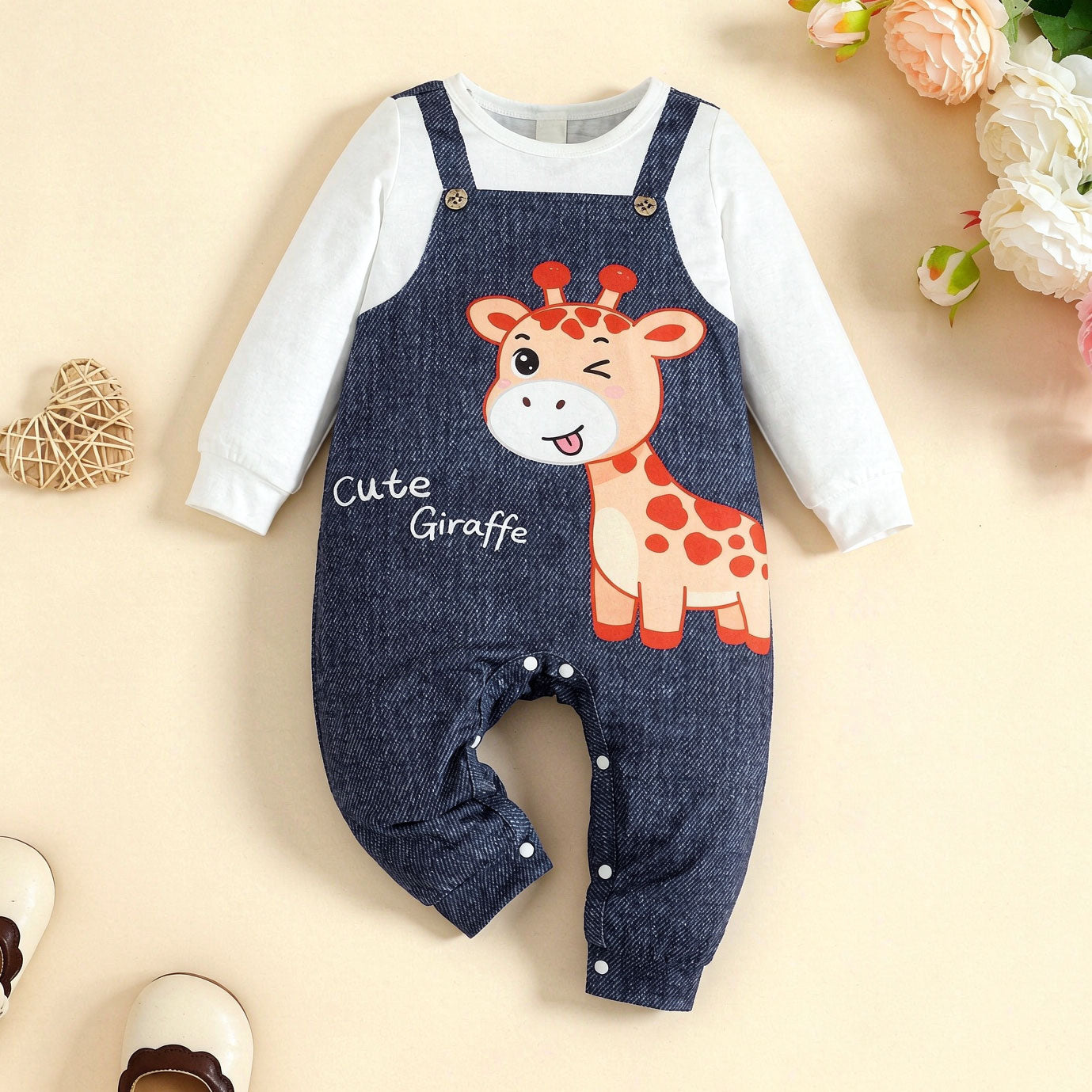 Sweet Faux Layer Giraffe Print Long Sleeve Baby Girl Jumpsuit