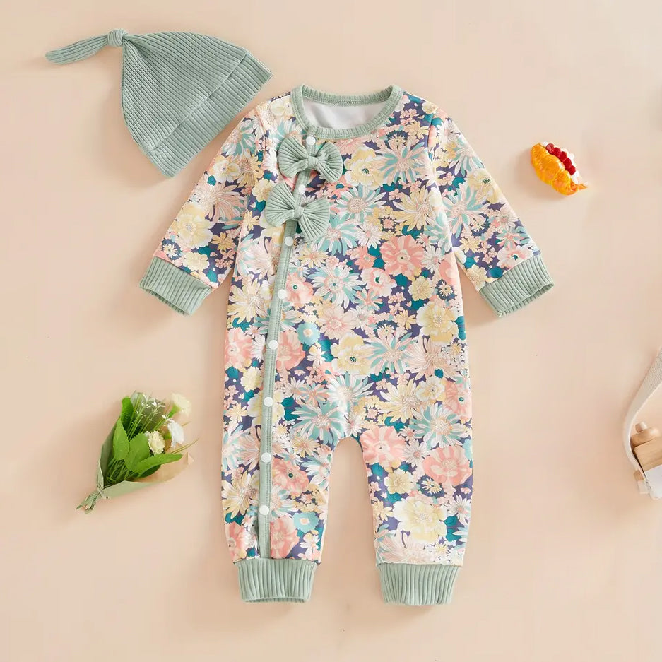 2PCS Allover Floral Printed Long Sleeve Baby Jumpsuit