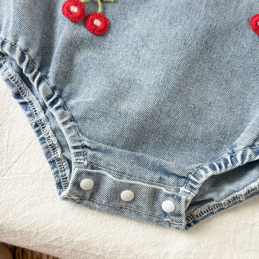 Cherry Embroidered Long Sleeve Ruffled Denim Baby Romper