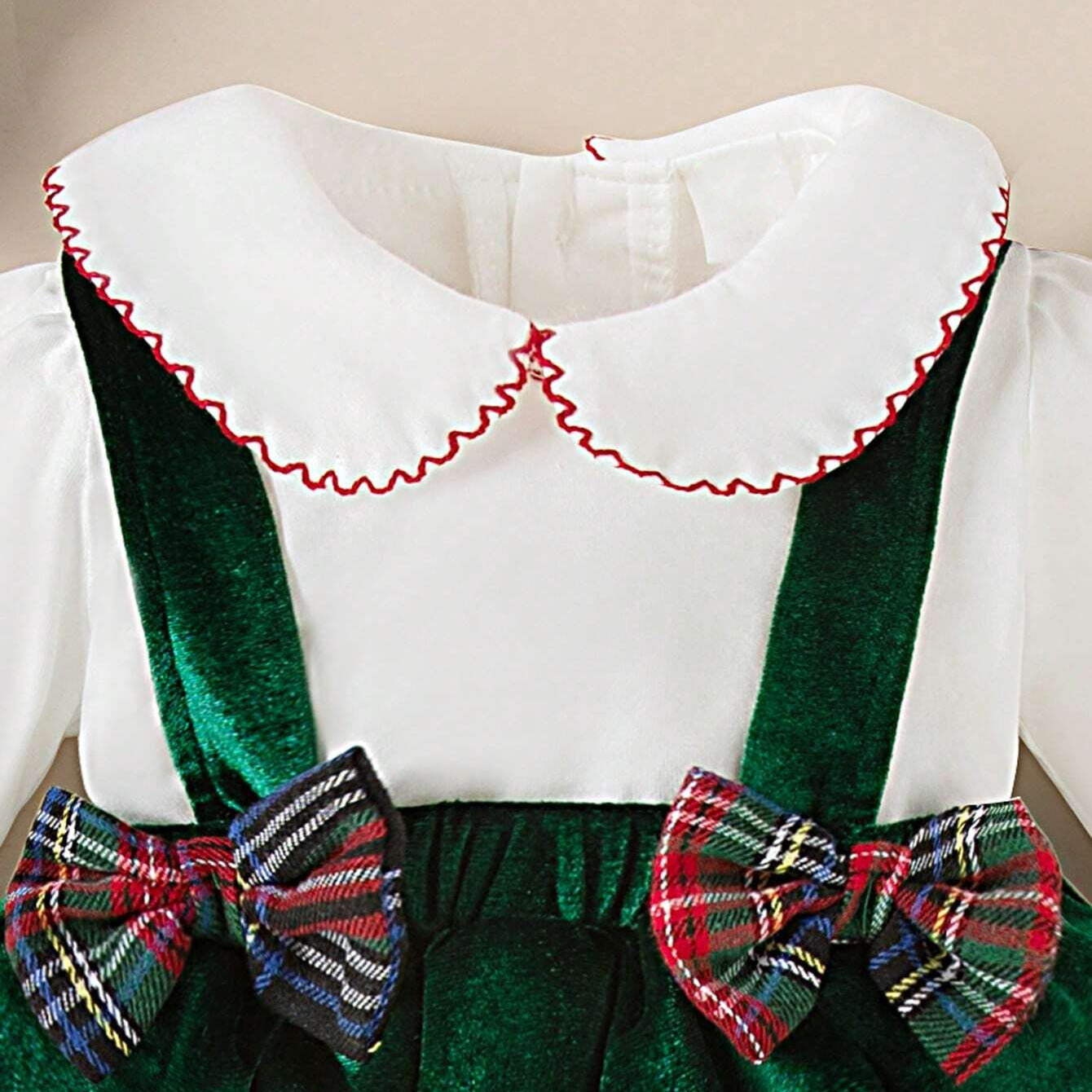 2PCS Christmas Solid Color Plaid Printed Velvet Baby Romper