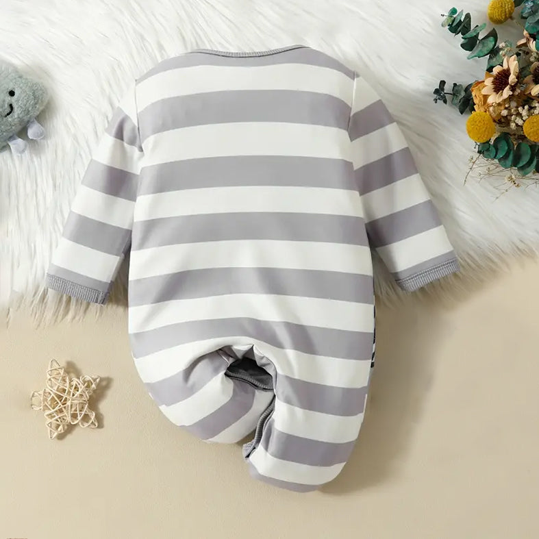 Comfy Penguin and Stripe Printed Long Sleeve Baby Jumpsuit