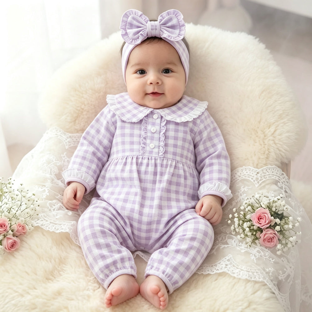 2PCS Cheerful Plaid Printed Long Sleeve Baby Jumpsuit