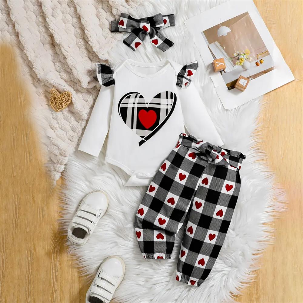 3PCS Plaid Heart Print Long Sleeve Baby Set