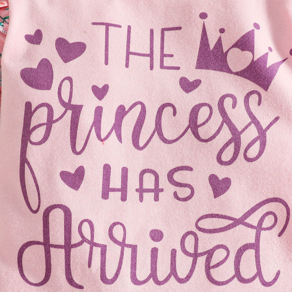 3PCS Charming The Princess Has Arrived Letter Floral Print Baby Set