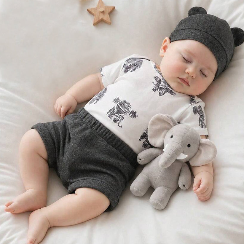 3PCS Adorable Elephant Print Short Sleeve Baby Boy Set