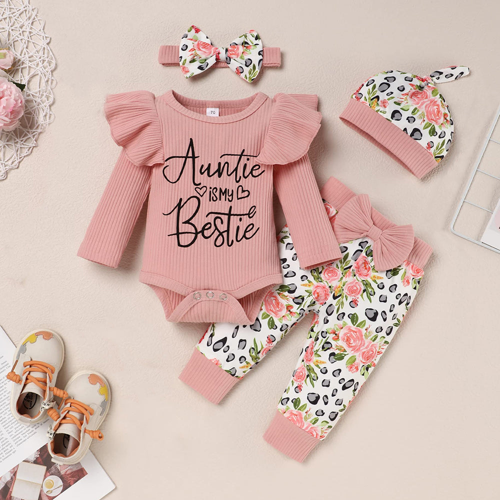 4PCS Auntie Is My Bestie Letter Floral Printed Long Sleeve Baby Set