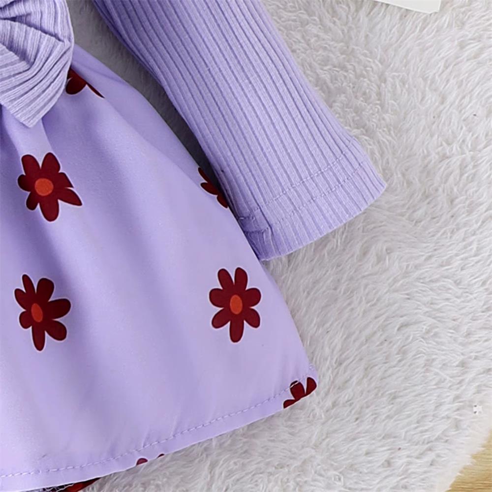 2PCS Adorable Floral Print Bow Long Sleeve Baby Romper