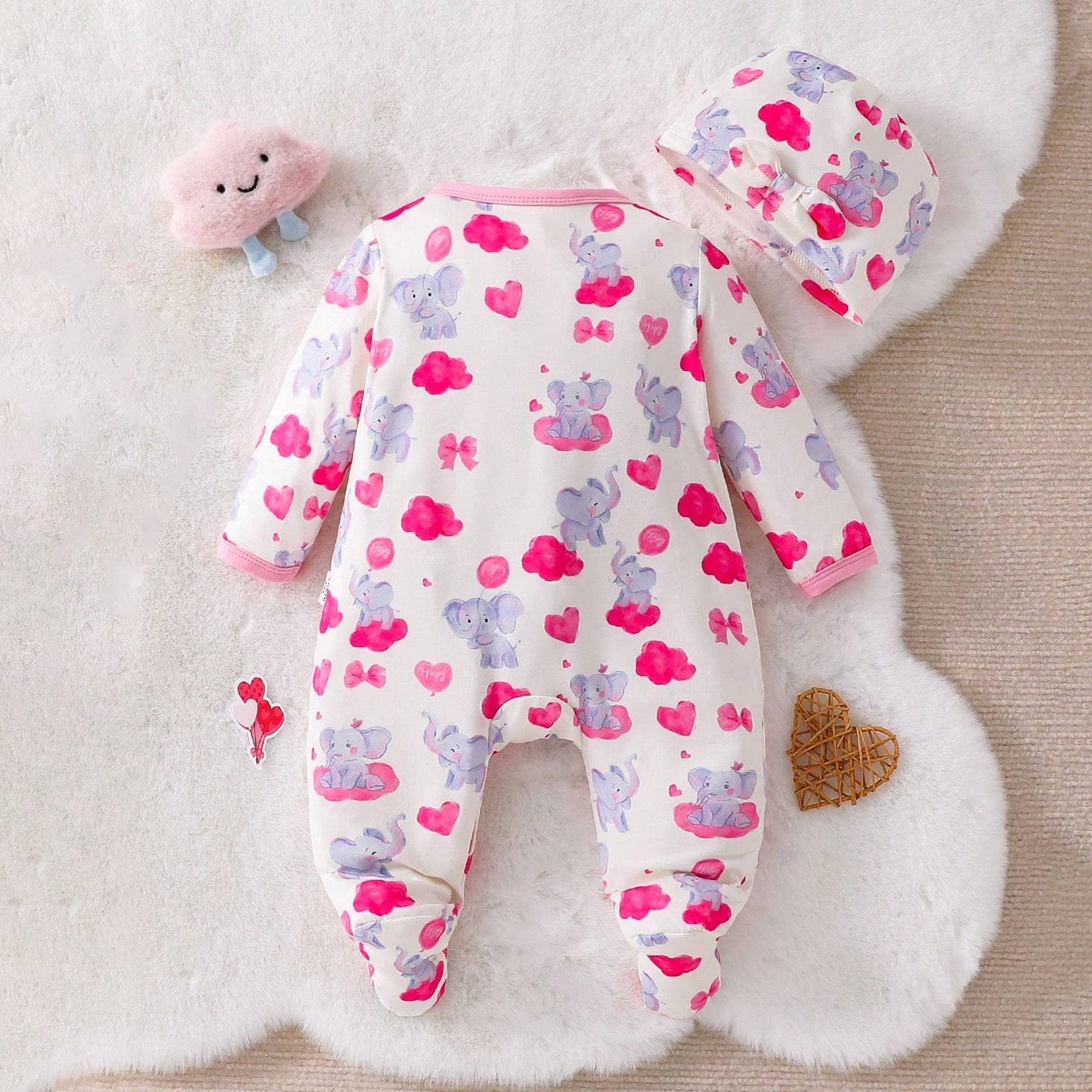 2PCS Adorable Elephant Cartoon Printed Long Sleeve Baby Jumpsuit