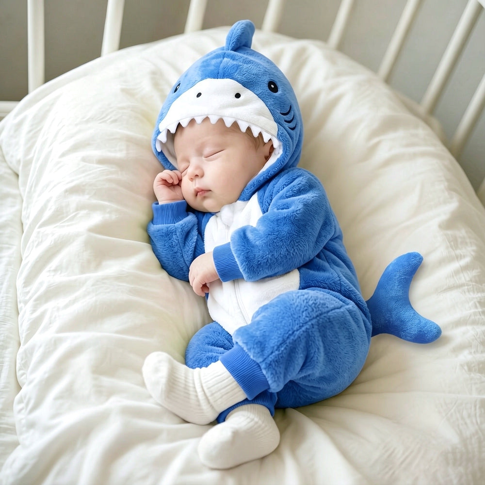 Fuzzy Shark Design Zipper Hoodie Baby Jumpsuit