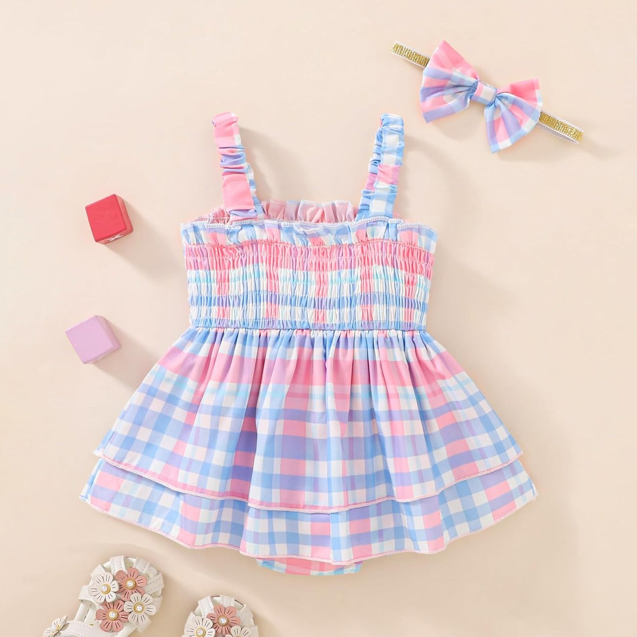 2PCS Blue and Pink Plaid Printed Strap Baby Romper