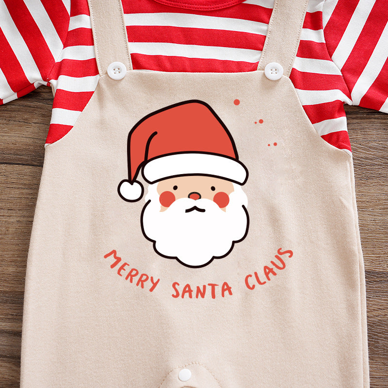 Christmas Merry Santa Claus Letter Stripe Printed Long Sleeve Baby Jumpsuit