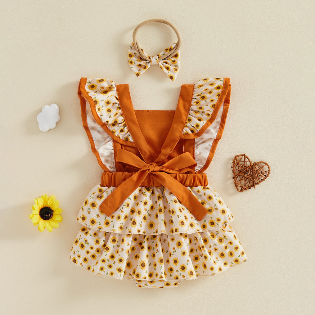 2PCS Playful Sunflower Print Flutter Sleeve Baby Romper